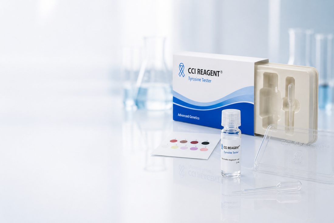 CCI REAGENT test kit â€” box, vial and color reference card on a clinical white studio background