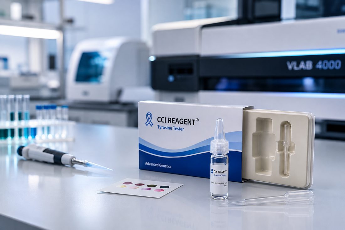 CCI REAGENT test kit on a laboratory bench in front of an analyzer instrument